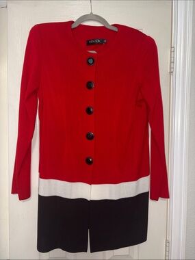 Misook Red, White and Black Colorblock Coat with Contrast Buttons-Medium
